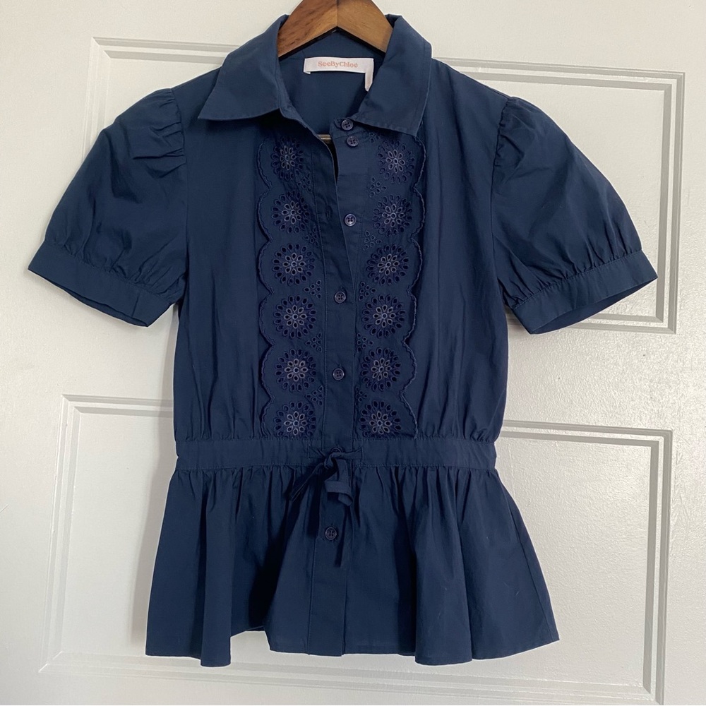 See By Chloe Navy Eyelet Peplum Button-Down Blouse